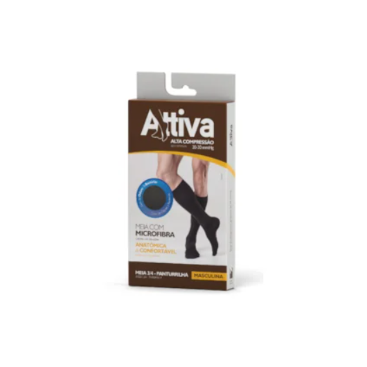 Meia 3/4 Attiva - Alta Compressão Masculina - Ponteira Fechada - Cor Preta - Tamanho P